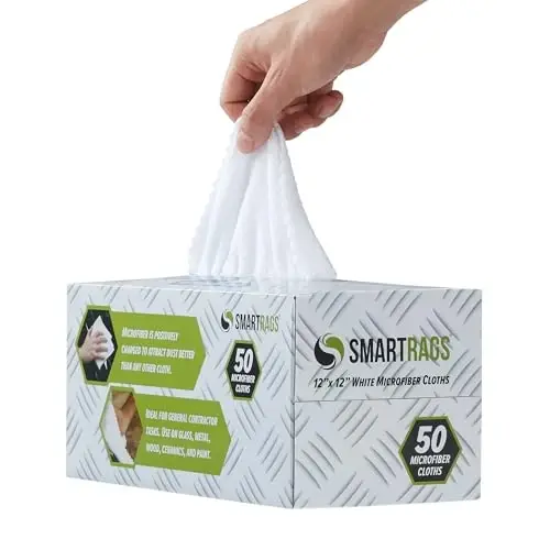 Arkwright Smart Rags in Box - (50 dona) Tolasiz mikrofiber tozalovchi mato, tirnalish va dog' qoldirmaydi, avtomobillar, deraza oynalari va avtodo'kon uchun dispensersiz yuvish sochiqlari, 12 x 12 dyuym, oq - 4