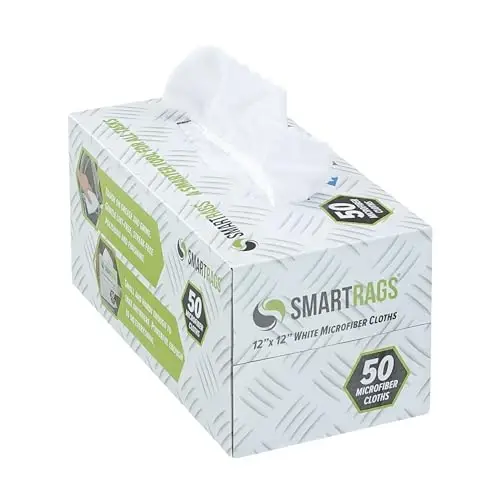 Arkwright Smart Rags in Box - (50 dona) Tolasiz mikrofiber tozalovchi mato, tirnalish va dog' qoldirmaydi, avtomobillar, deraza oynalari va avtodo'kon uchun dispensersiz yuvish sochiqlari, 12 x 12 dyuym, oq 