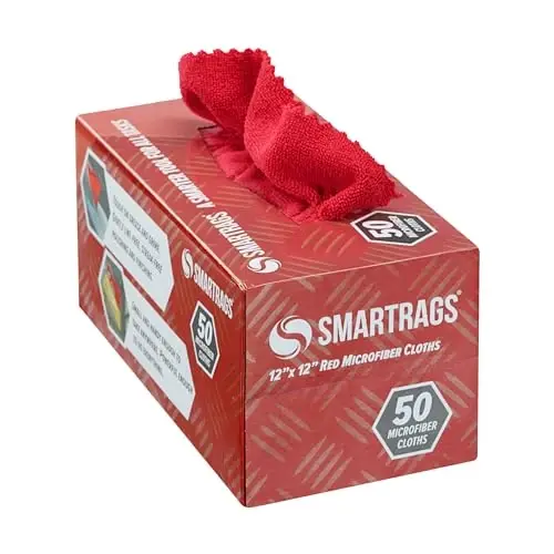 Arkwright Smart Rags in Box - (50 dona) tuk qoldirmaydigan mikrofiberli tozalash latta, tirnalish va dog' qoldirmaydi, avtomobillar, deraza oynalari va avtodo'kon uchun tarqatiladigan yuvish sochiqlari, 12 x 12 dyuym, qizil 