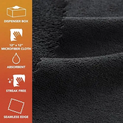 Arkwright Smart Rags in Box - (50 dona) tuk qoldirmaydigan mikrofiberli tozalash salfetkalari, tirnalish va chiziqlarsiz, mashinalar, deraza oynalari va avtodo'kon uchun tarqatiladigan yuvish sochiqlari, 12 x 12 dyuym, qora - ARKWRIGHT LLC (1)