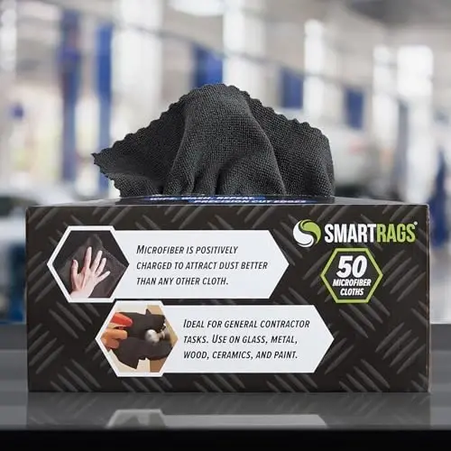 Arkwright Smart Rags in Box - (Pack of 50) Lint Free Microfiber Cleaning Cloth, Scratch & Streak-Free, Dispensable Wash Towels for Cars, Window Glass, and Auto Shop, 12 x 12 in, Black - 4