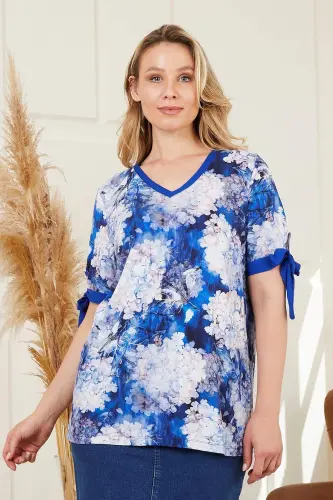 Arm Cuff Detailed Floral Patterned Plus Size Indigo Blouse - 1