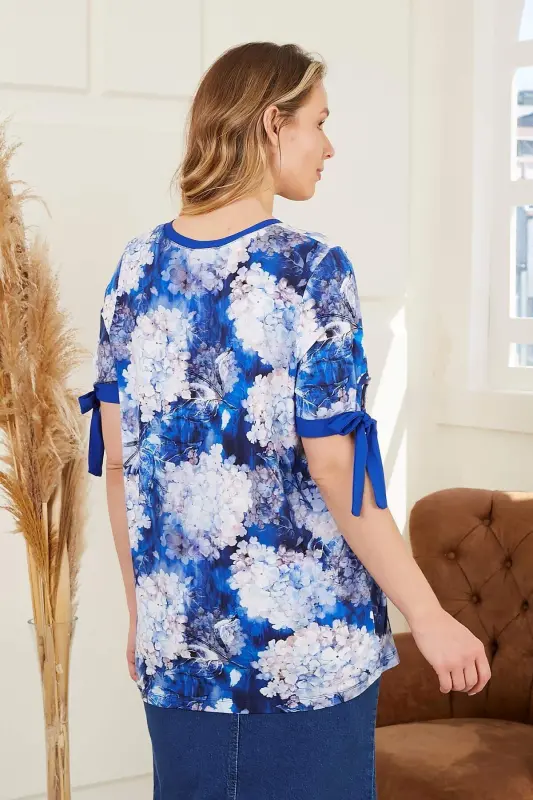 Arm Cuff Detailed Floral Patterned Plus Size Indigo Blouse - 4