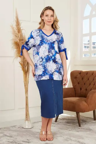 Arm Cuff Detailed Floral Patterned Plus Size Indigo Blouse - 5
