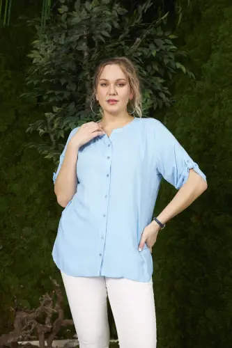 Arm Detail Plus Size Blue Blouse - 1