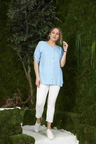 Arm Detail Plus Size Blue Blouse - 5