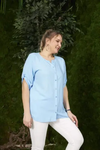 Arm Detail Plus Size Blue Blouse - BÜYÜKBEDENIZ (1)