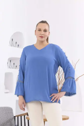 Arm Detail Plus Size Crinkle Indigo Blouse - 1