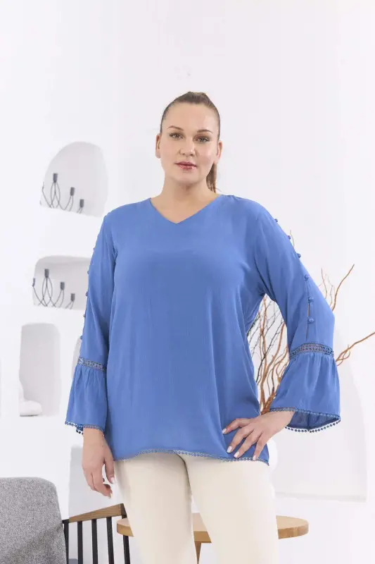 Arm Detail Plus Size Crinkle Indigo Blouse - BÜYÜKBEDENIZ