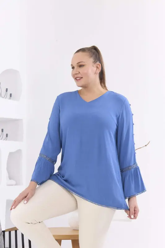 Arm Detail Plus Size Crinkle Indigo Blouse - 2