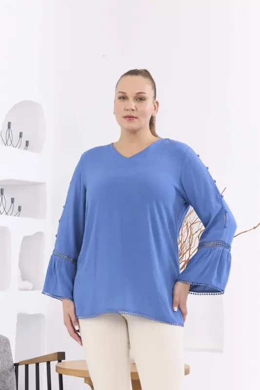 Arm Detail Plus Size Crinkle Indigo Blouse - 4