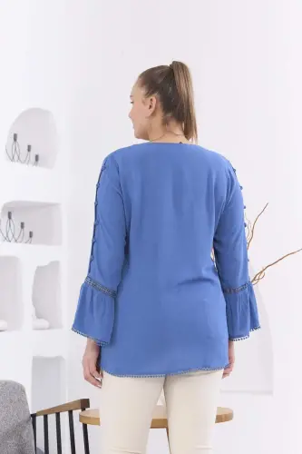 Arm Detail Plus Size Crinkle Indigo Blouse - 5