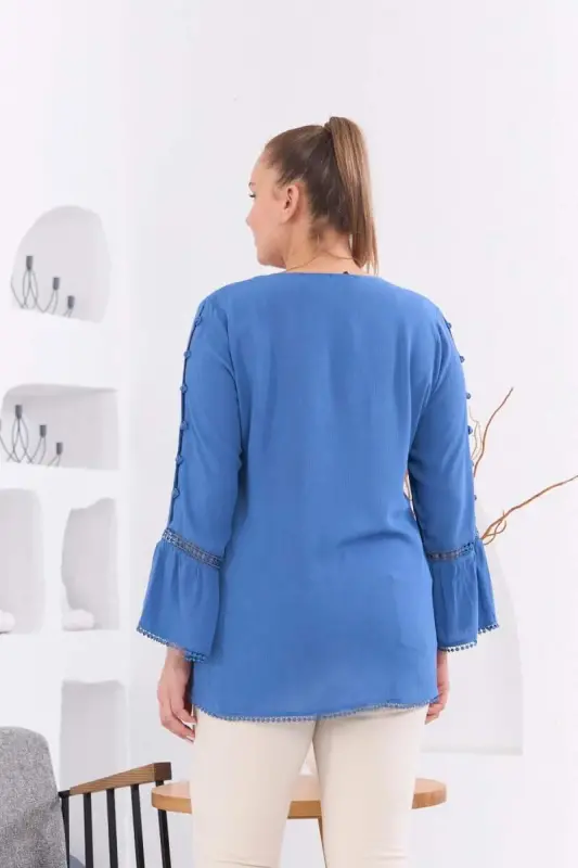 Arm Detail Plus Size Crinkle Indigo Blouse - 5