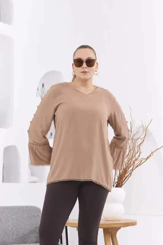 Arm Detail Plus Size Crinkle Mink Blouse - 1