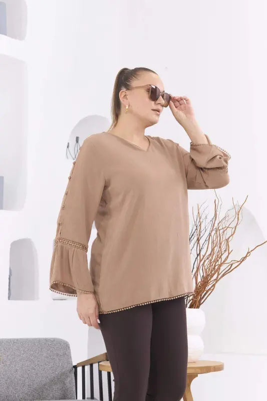 Arm Detail Plus Size Crinkle Mink Blouse - 2