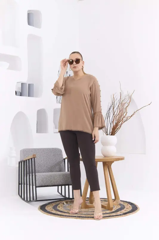 Arm Detail Plus Size Crinkle Mink Blouse - 5