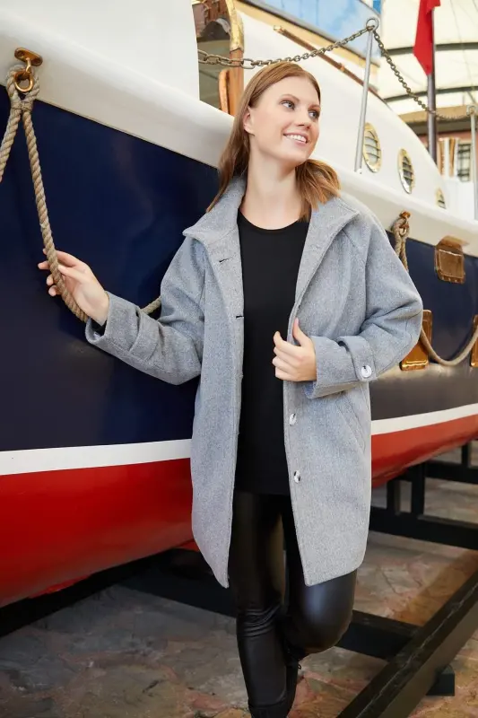 Arm Detail Plus Size Gray Wool Coat - 1