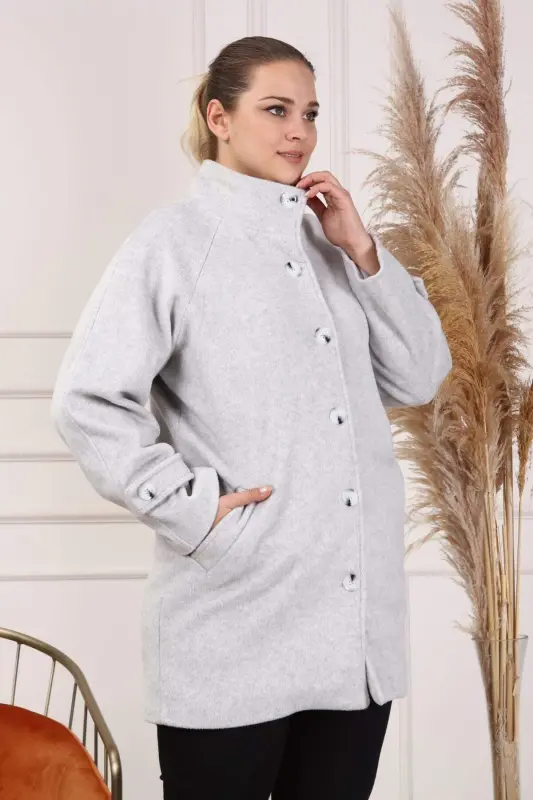 Arm Detail Plus Size Gray Wool Coat - 3
