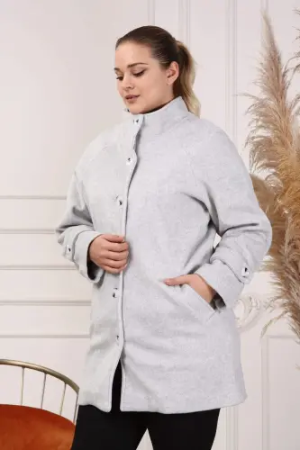 Arm Detail Plus Size Gray Wool Coat - 4