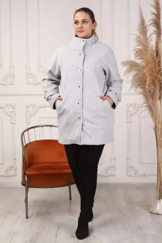 Arm Detail Plus Size Gray Wool Coat - 6