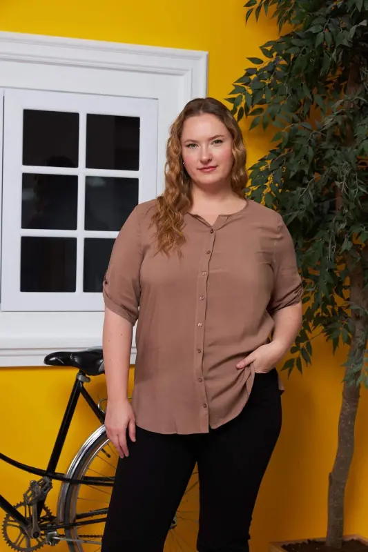 Arm Detail Voile Viscose Plus Size Mink Shirt - 1