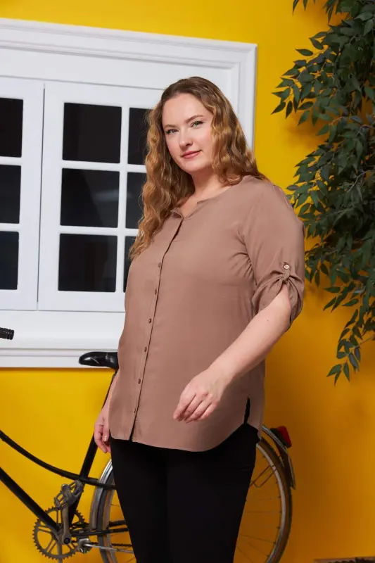Arm Detail Voile Viscose Plus Size Mink Shirt - 2