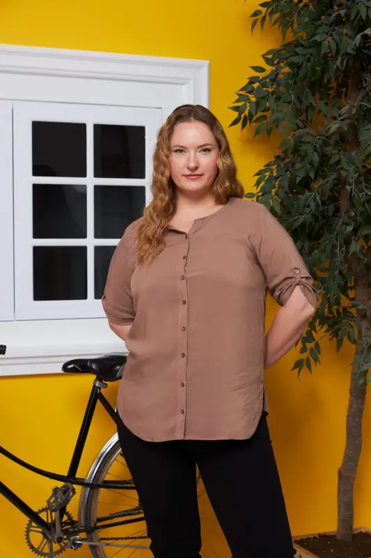 Arm Detail Voile Viscose Plus Size Mink Shirt - 3