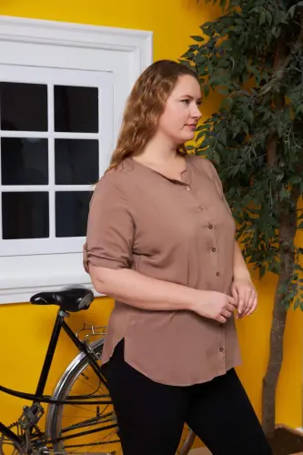 Arm Detail Voile Viscose Plus Size Mink Shirt - 4