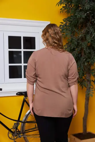 Arm Detail Voile Viscose Plus Size Mink Shirt - 5