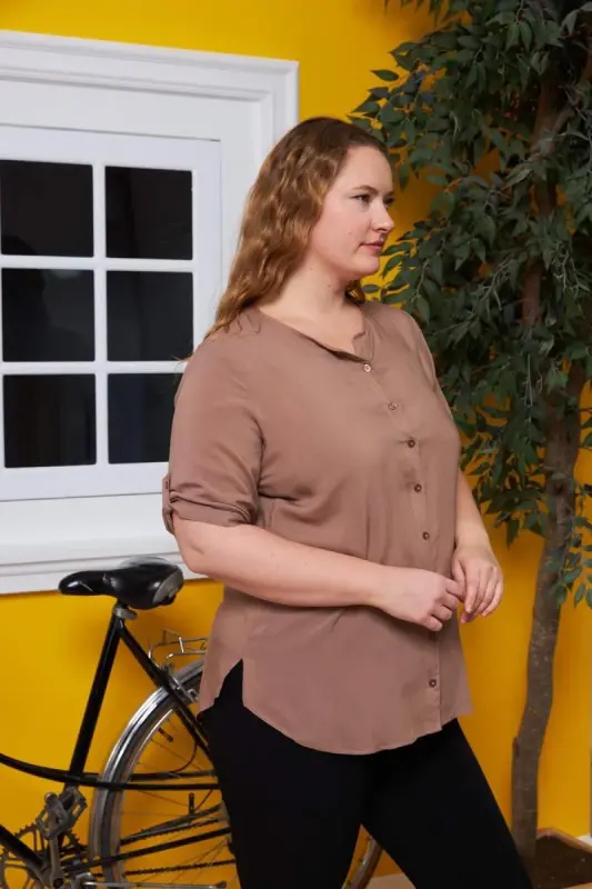 Arm Detail Voile Viscose Plus Size Mink Shirt - 4