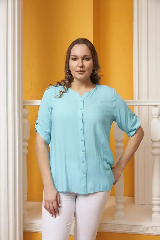 Arm Detail Voile Viscose Plus Size Mint Shirt - 1