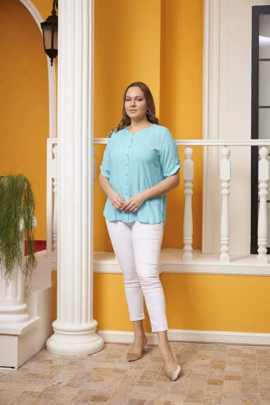 Arm Detail Voile Viscose Plus Size Mint Shirt - 8