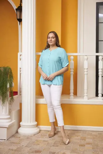 Arm Detail Voile Viscose Plus Size Mint Shirt - 5