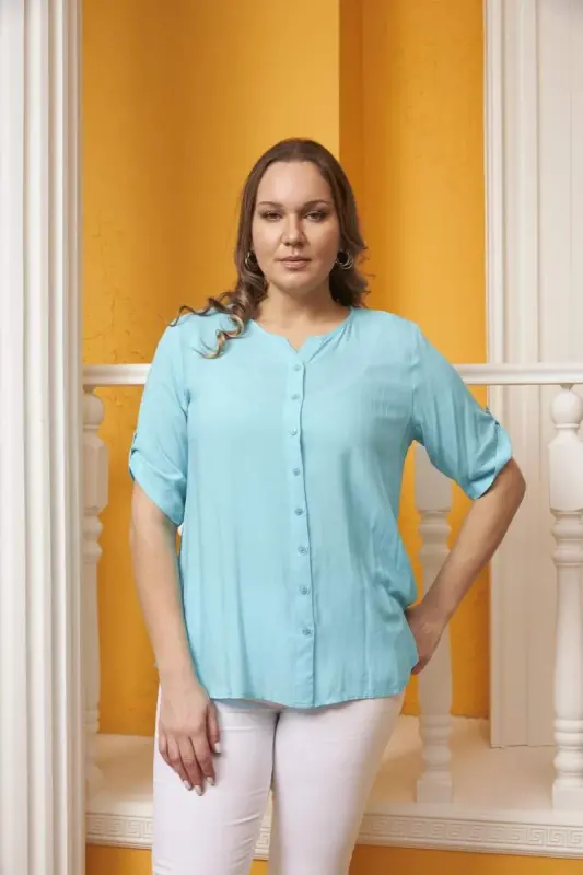 Arm Detail Voile Viscose Plus Size Mint Shirt - BÜYÜKBEDENIZ