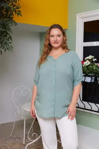 Arm Detail Voile Viscose Plus Size Shirt Celadon Green - 1