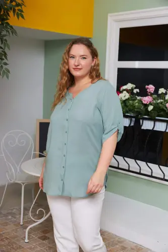 Arm Detail Voile Viscose Plus Size Shirt Celadon Green - 2