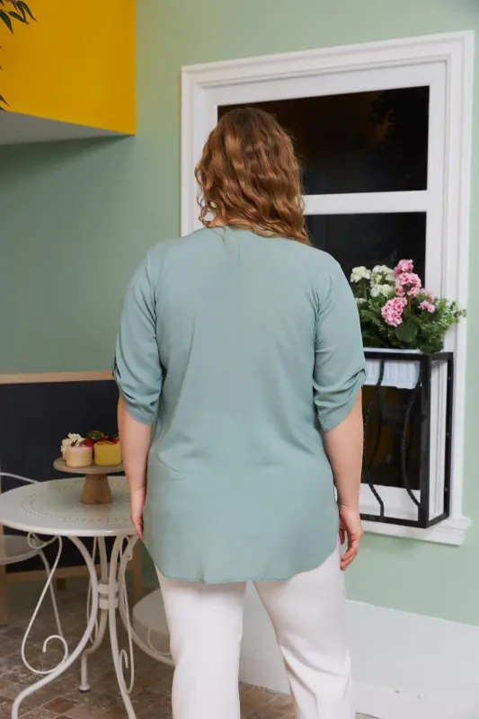 Arm Detail Voile Viscose Plus Size Shirt Celadon Green - 4