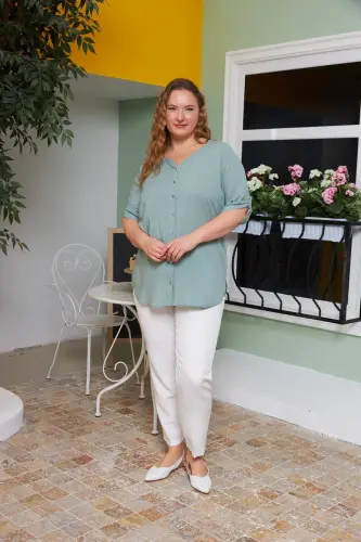 Arm Detail Voile Viscose Plus Size Shirt Celadon Green - 5