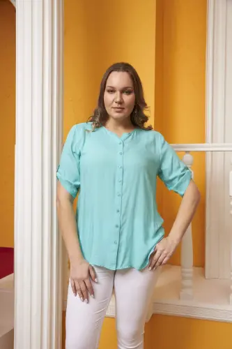 Arm Detail Voile Viscose Plus Size Turquoise Shirt - 1