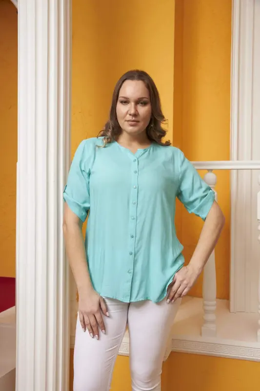 Arm Detail Voile Viscose Plus Size Turquoise Shirt - BÜYÜKBEDENIZ