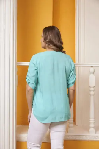 Arm Detail Voile Viscose Plus Size Turquoise Shirt - 4