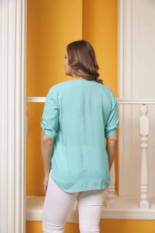 Arm Detail Voile Viscose Plus Size Turquoise Shirt - 4