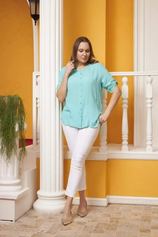 Arm Detail Voile Viscose Plus Size Turquoise Shirt - 5