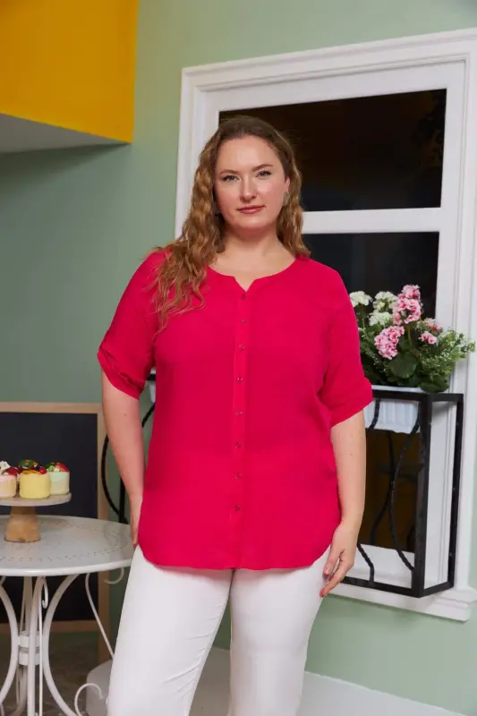 Arm Detailed Voile Viscose Plus Size Fuchsia Shirt - BÜYÜKBEDENIZ