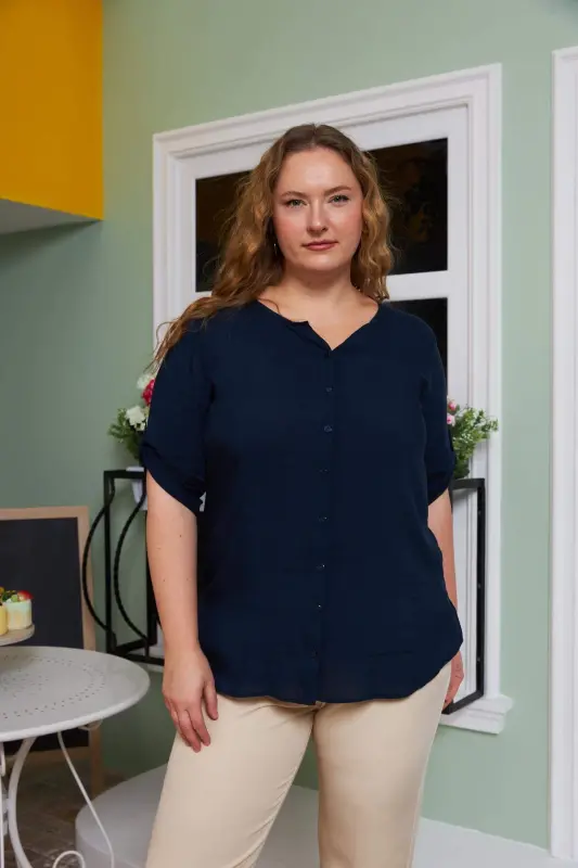 Arm Detailed Voile Viscose Plus Size Navy Shirt - 1