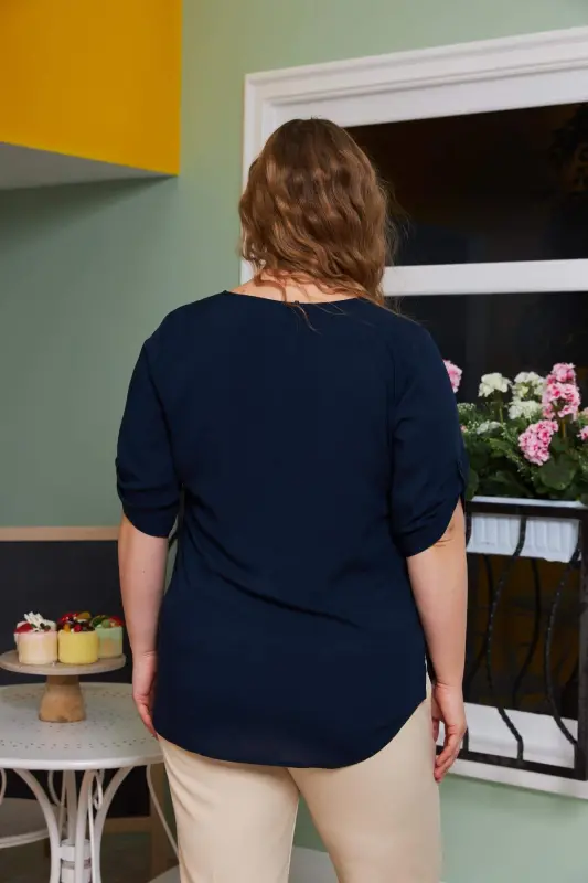 Arm Detailed Voile Viscose Plus Size Navy Shirt - 6