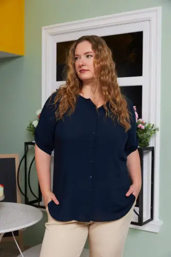 Arm Detailed Voile Viscose Plus Size Navy Shirt - BÜYÜKBEDENIZ (1)