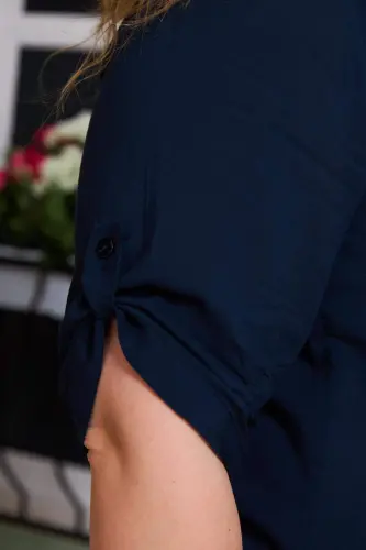Arm Detailed Voile Viscose Plus Size Navy Shirt - 3