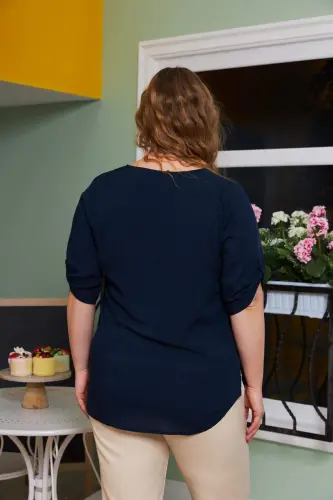 Arm Detailed Voile Viscose Plus Size Navy Shirt - 4