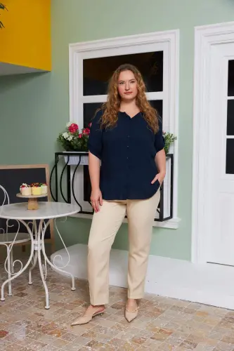 Arm Detailed Voile Viscose Plus Size Navy Shirt - 5